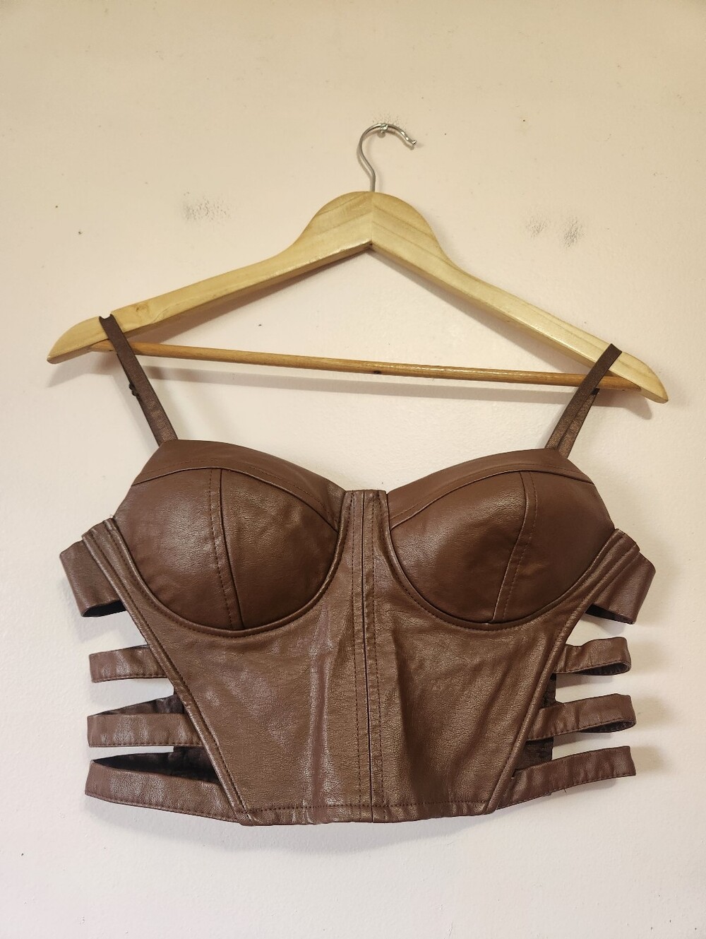 Say What Chocolate Brown Faux Vegan Leather Strappy Corset Bustier Crop Top M
